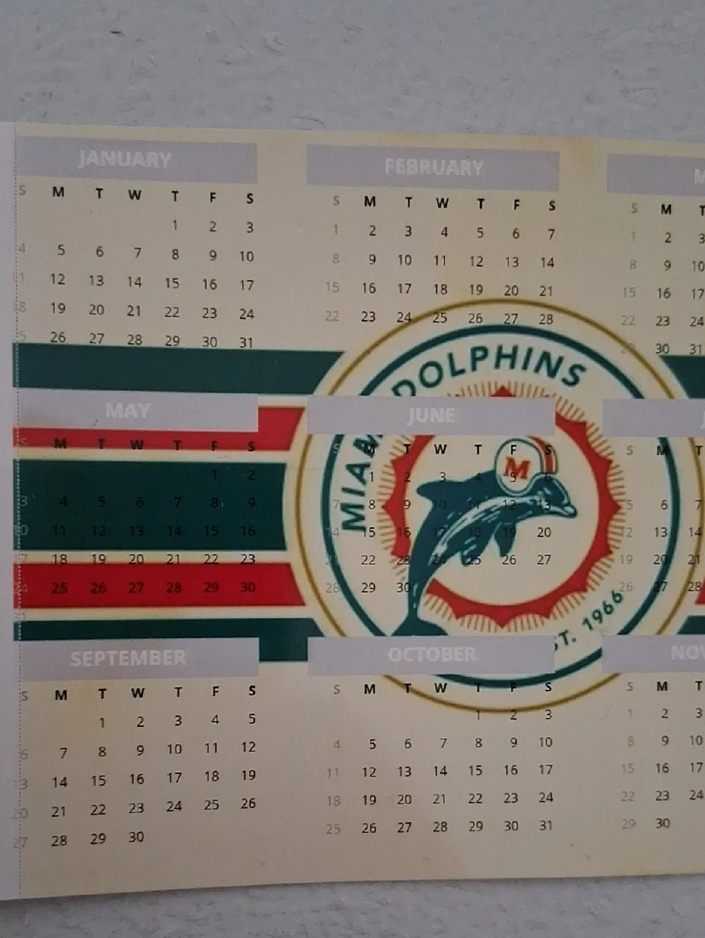 Calendar Poster - Teal, Orange, White Football Team Miami Dolphins Small